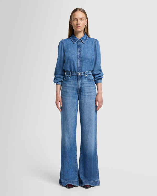 7 For All Mankind Denim Lustre Puff Sleeve Shirt Tops