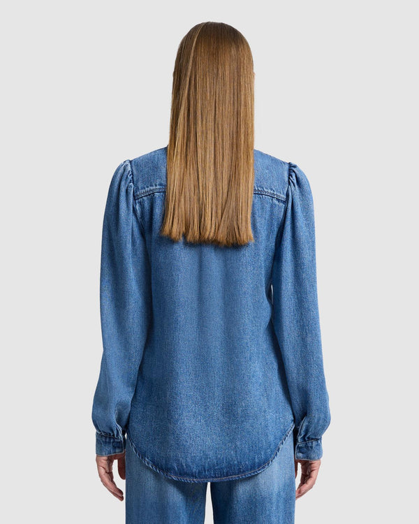 7 For All Mankind Denim Lustre Puff Sleeve Shirt Tops