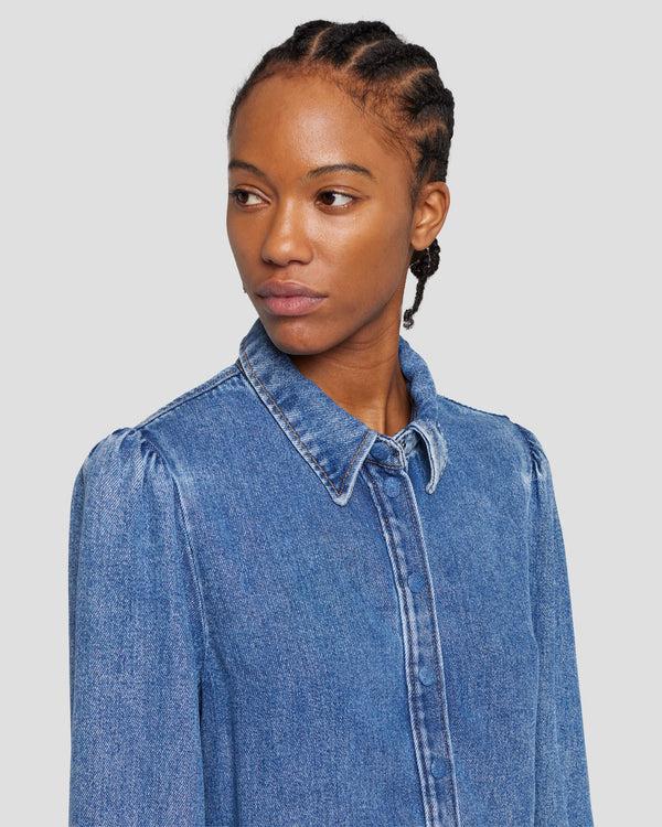 7 For All Mankind Denim Lustre Puff Sleeve Shirt Tops