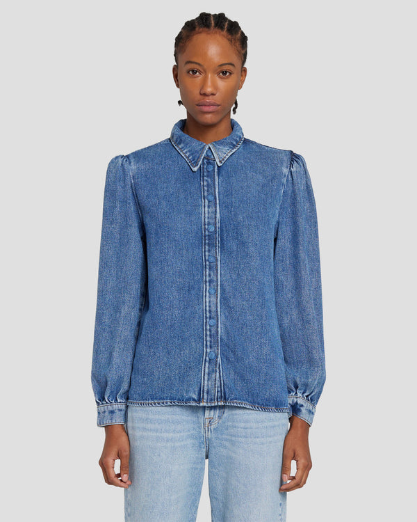 7 for all mankind Denim Lustre Puff Sleeve Shirt Tops