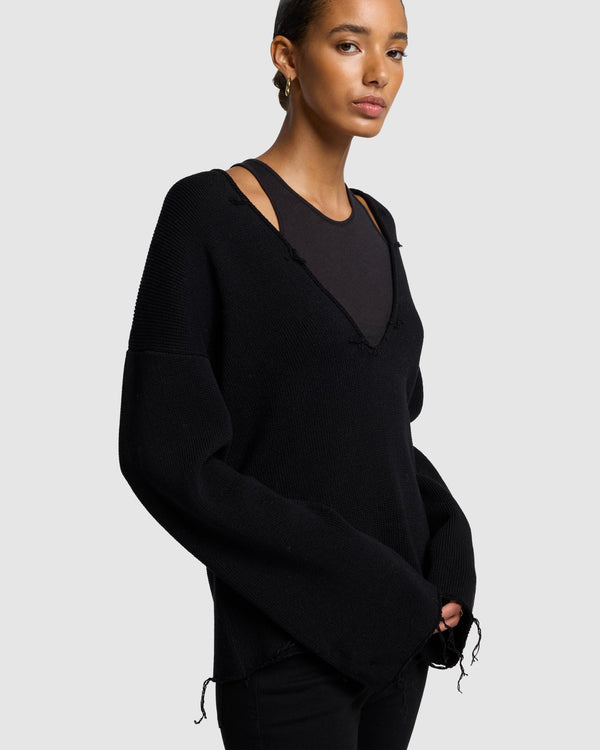 7 For All Mankind Distressed Knit Deep V-neck Pullover Tops