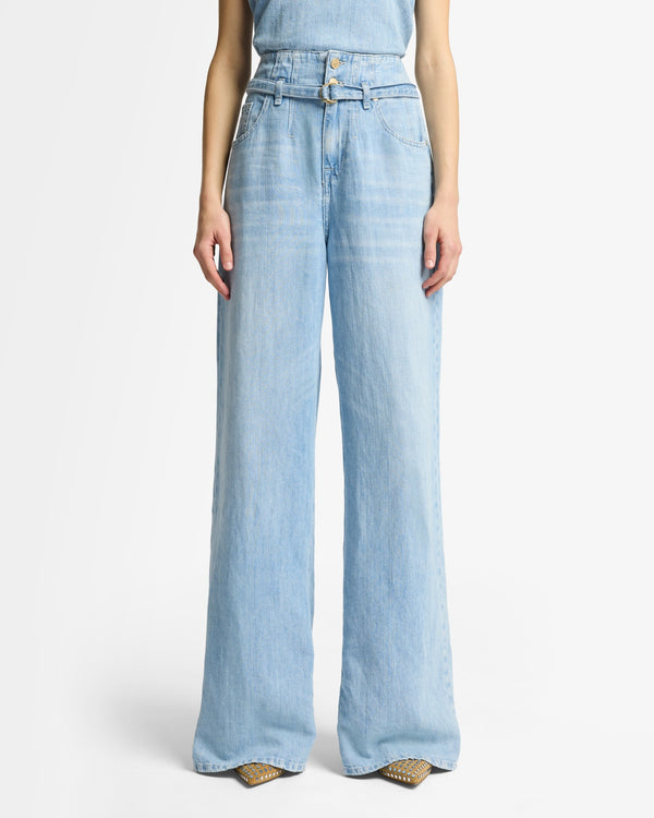 7 For All Mankind Indigo Linen Belted Wide Leg Jeans