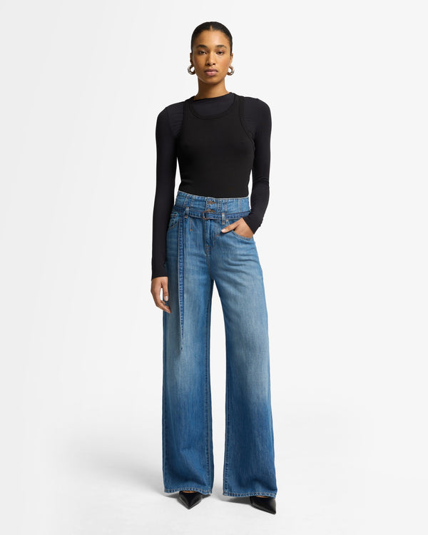 7 For All Mankind Indigo Linen Belted Wide Leg Jeans