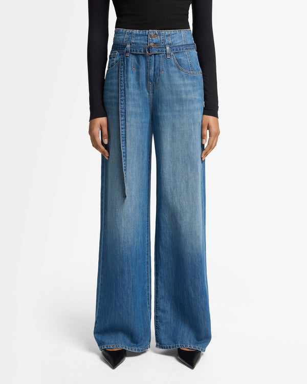 7 For All Mankind Indigo Linen Belted Wide Leg Jeans
