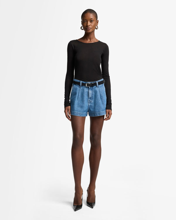 7 For All Mankind Weightless Denim Pleated Short Shorts