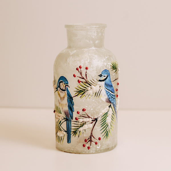 a cheerful giver Blue Jay - Crackle Glass Bottle