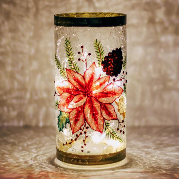 A Cheerful Giver Golden Poinsettia Pillar - Crackle Glass Pillar