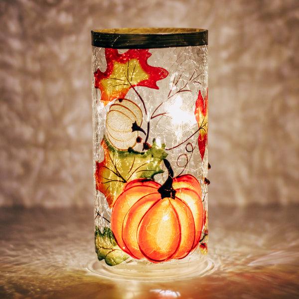 A Cheerful Giver Pumpkins & Leaves - Crackle Glass Pillar