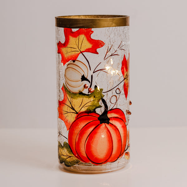 A Cheerful Giver Pumpkins & Leaves - Crackle Glass Pillar