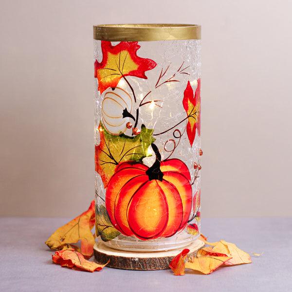 A Cheerful Giver Pumpkins & Leaves - Crackle Glass Pillar