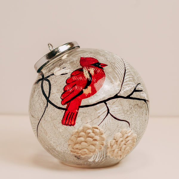 a cheerful giver Snowy Cardinal - Crackle Glass Ornament