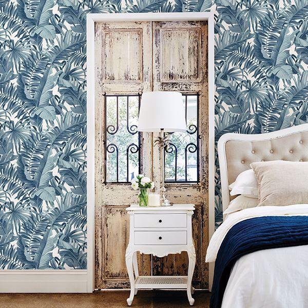 A Street Prints Alfresco Navy Palm Leaf Wallpaper