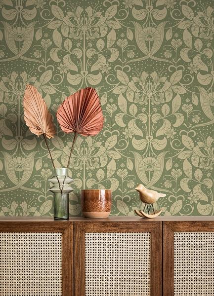 A Street Prints Berit Green Floral Crest Wallpaper