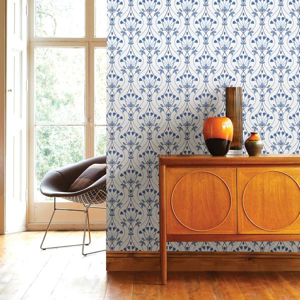 A Street Prints Dard Blue Tulip Ogee Wallpaper