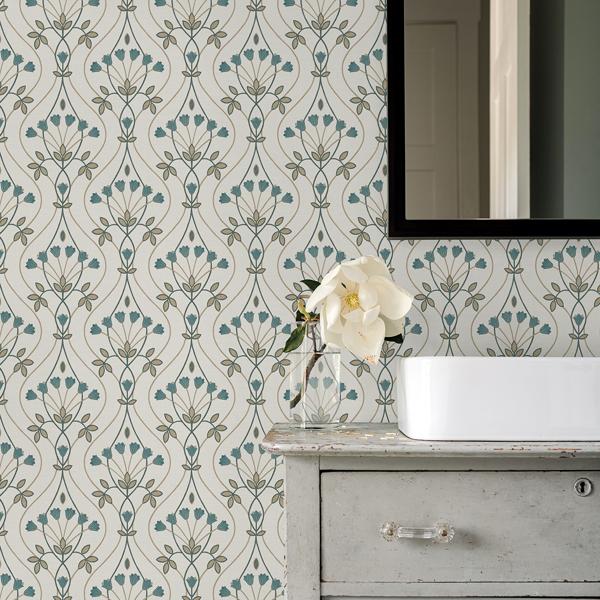 A Street Prints Dard Teal Tulip Ogee Wallpaper