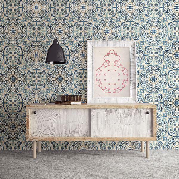 A Street Prints Florentine Blue Tile Wallpaper