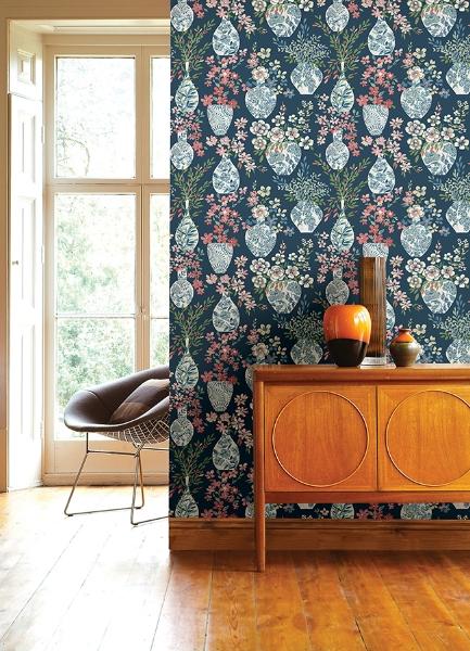 A Street Prints Harper Teal Floral Vase Wallpaper