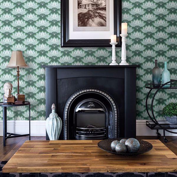 A Street Prints Lotus Green Floral Fans Wallpaper