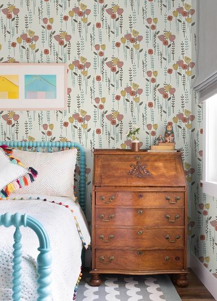 A Street Prints Mabel Coral Floral Field Wallpaper