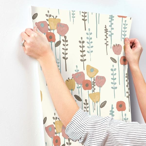 A Street Prints Mabel Coral Floral Field Wallpaper