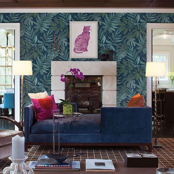 A Street Prints Nocturnum Blue Leaf Wallpaper