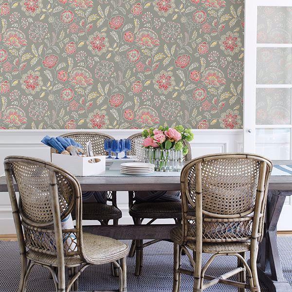 A Street Prints Tropez Coral Jacobean Wallpaper