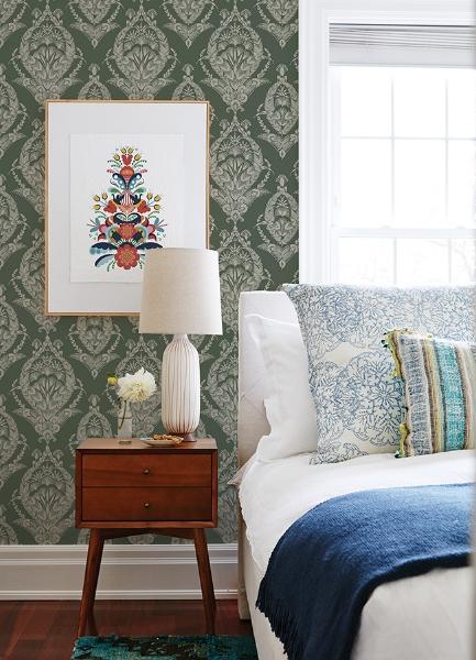 A Street Prints Arlie Evergreen Botanical Damask Wallpaper