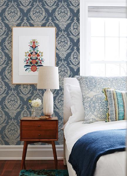 A Street Prints Arlie Indigo Botanical Damask Wallpaper