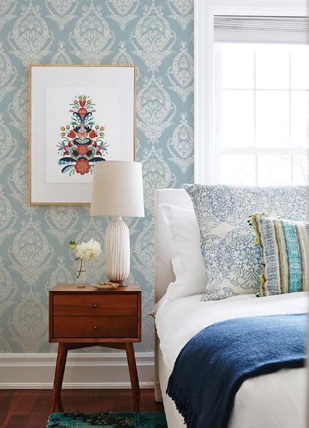 A Street Prints Arlie Light Blue Botanical Damask Wallpaper