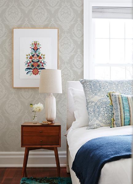 A Street Prints Arlie Light Grey Botanical Damask Wallpaper