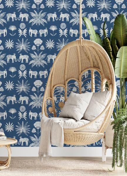 A Street Prints Bazaar Blue Elephant Oasis Wallpaper