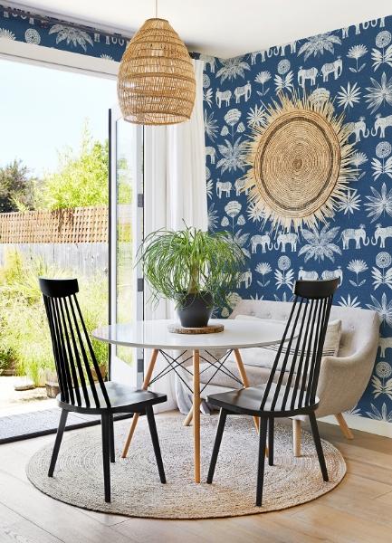 A Street Prints Bazaar Blue Elephant Oasis Wallpaper