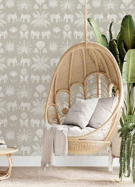 A Street Prints Bazaar Light Grey Elephant Oasis Wallpaper