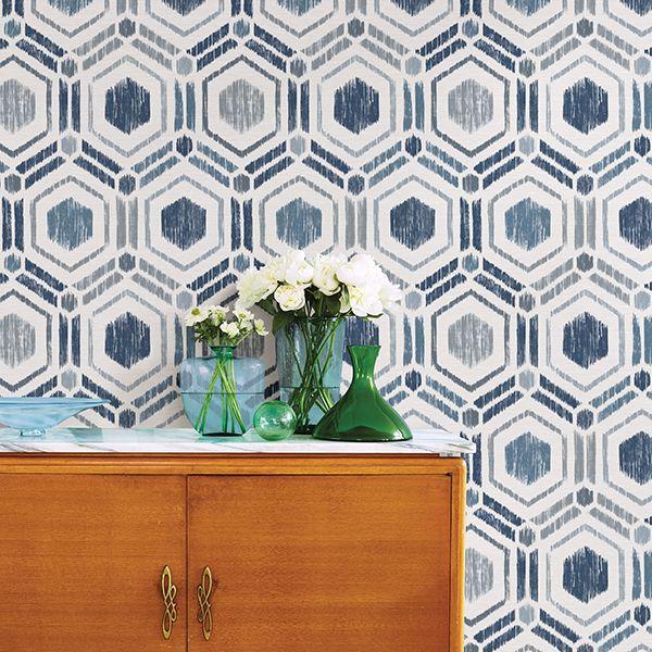 A Street Prints Borneo Blue Geometric Grasscloth Wallpaper