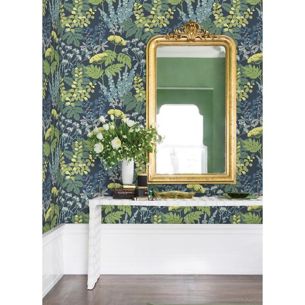 A Street Prints Brie Dark Blue Forest Flowers Wallpaper