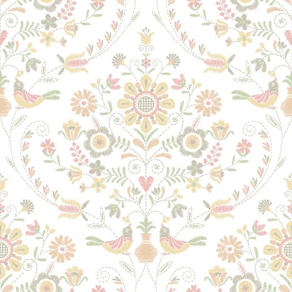 a street prints Britt Peach Embroidered Damask Wallpaper