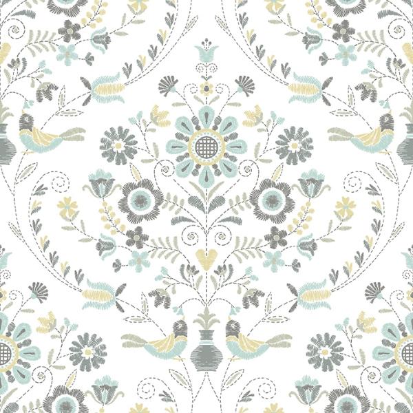 a street prints Britt Sea Green Embroidered Damask Wallpaper