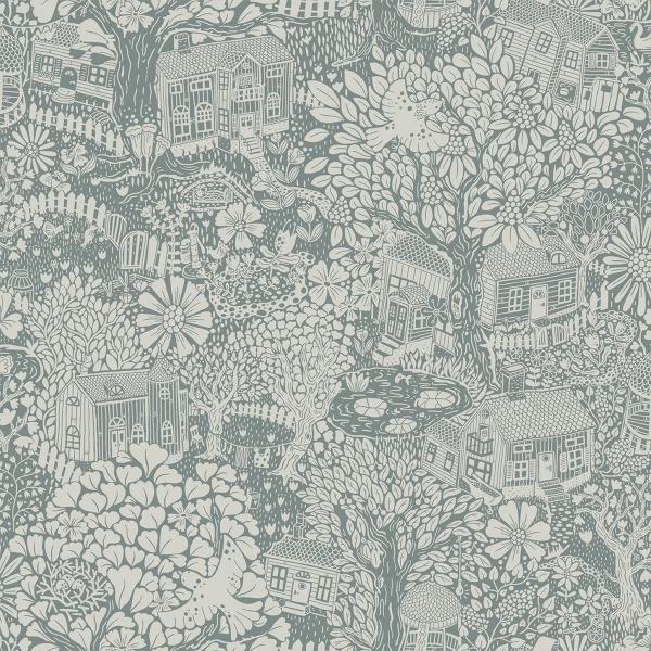 a street prints Bygga Bo Blue Woodland Village Wallpaper
