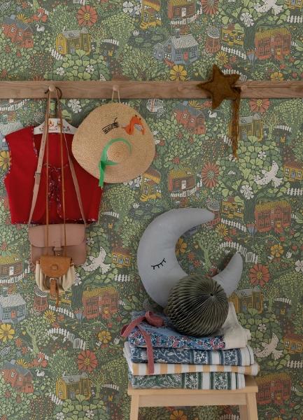 A Street Prints Bygga Bo Green Woodland Village Wallpaper