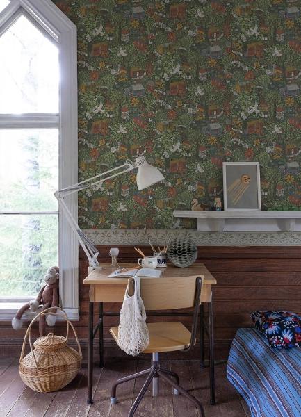 A Street Prints Bygga Bo Green Woodland Village Wallpaper