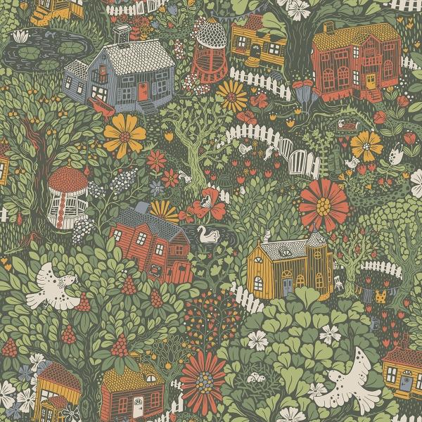 a street prints Bygga Bo Green Woodland Village Wallpaper