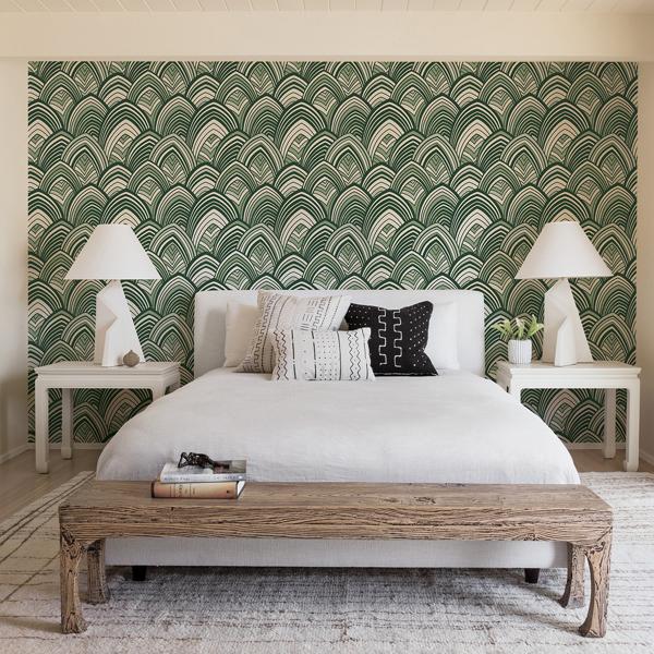 A Street Prints Cabarita Green Art Deco Flocked Leaves Wallpaper