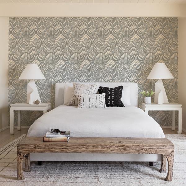 A Street Prints Cabarita Grey Art Deco Flocked Leaves Wallpaper