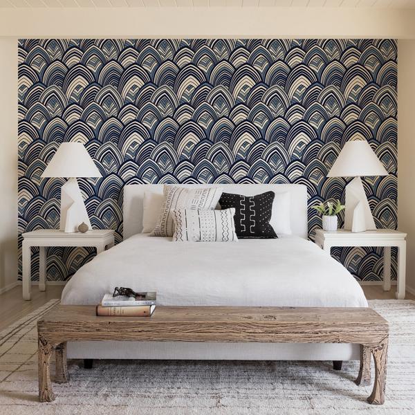 A Street Prints Cabarita Indigo Art Deco Flocked Leaves Wallpaper