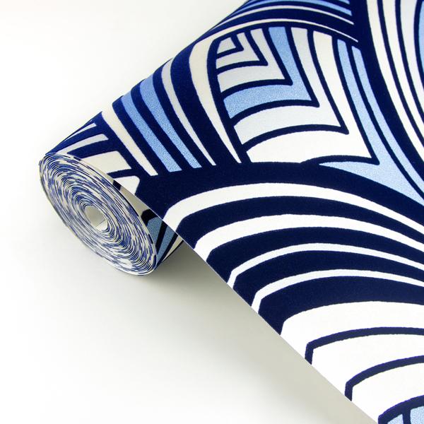 A Street Prints Cabarita Indigo Art Deco Flocked Leaves Wallpaper