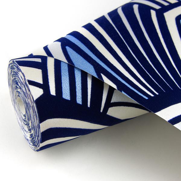 A Street Prints Cabarita Indigo Art Deco Flocked Leaves Wallpaper