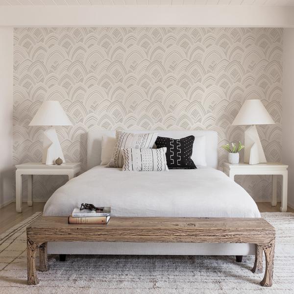 A Street Prints Cabarita White Art Deco Flocked Leaves Wallpaper