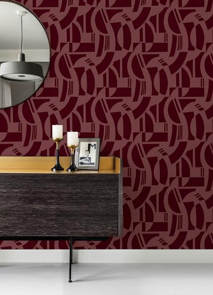 A Street Prints Carter Burgundy Geometric Flock Wallpaper By Scott Living