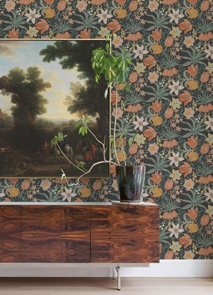 A Street Prints Cecilia Black Tulip And Daffodil Wallpaper