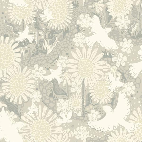 a street prints Drömma Light Grey Songbirds and Sunflowers Wallpaper